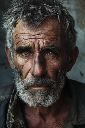 Portrait of an old man with gray beard and mustache in the villageの素材