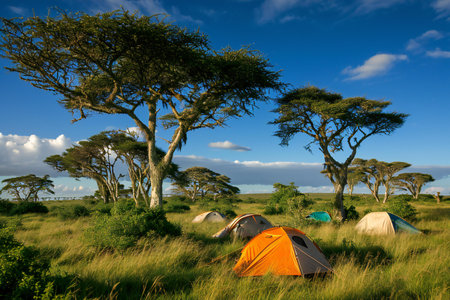 Camping in the savannah of Serengeti National Park, Tanzaniaの素材