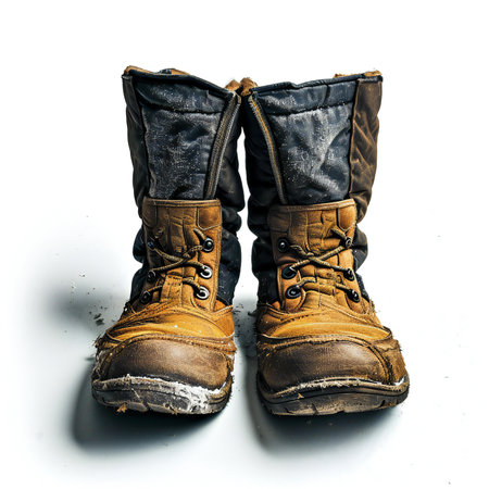 Old boots isolated on a white background. Shallow depth of field.の素材