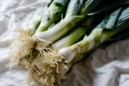 Fresh spring onions on a white tablecloth. Selective focus.の素材