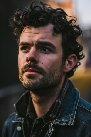 Portrait of a handsome man with curly hair in the city.の素材