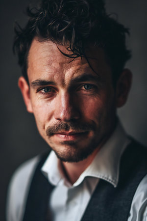 Portrait of a handsome man with curly hair, studio shot.の素材