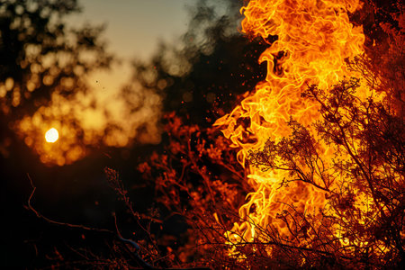 Burning dry grass in the forest at sunset, close-upの素材