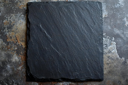 Black slate stone plate on rustic metal background. Top view.の素材