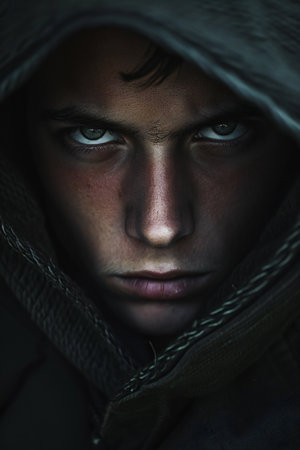 Portrait of a young man in a hooded sweatshirt.の素材