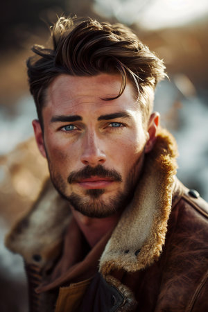 Portrait of a handsome young man outdoors. Men's beauty, fashion.の素材