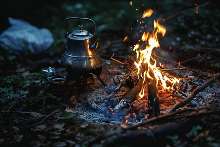 Kettle on a campfire in the forest. Selective focus.の素材