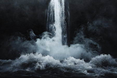 Waterfall on the river with white smoke and black background. Toned.の素材