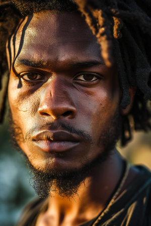Portrait of a young African man with dreadlocks in the countryside.の素材