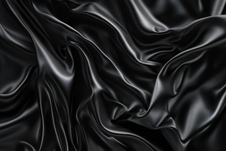 Closeup of rippled black silk fabric texture background.の素材