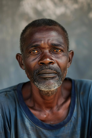 Unidentified Togolese man looks at the camera. Togo people suffer of poverty due to the bad economyの素材