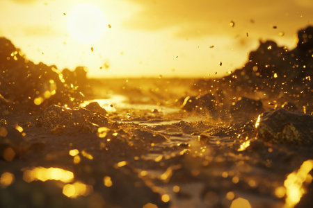 Sunset on the beach with golden water splashes. Shallow depth of field.の素材