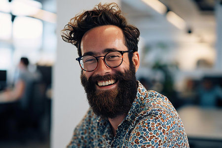 Portrait of a handsome bearded hipster man in eyeglasses smiling and looking at camera while standing in officeの素材