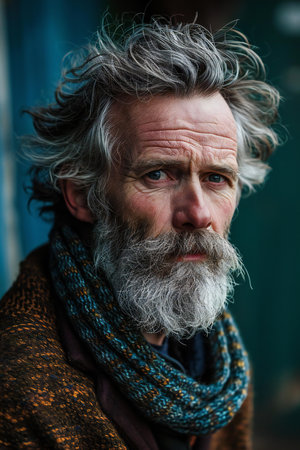 Portrait of an old man with a long gray beard and mustache in a brown scarf.の素材