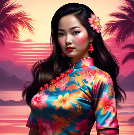 Beautiful asian woman in a traditional dress on the background of palm treesの素材