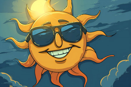 Smiling Cartoon Sun with Sunglasses on the Beach.の素材