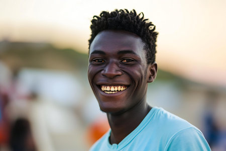 Portrait of a young african man smiling at the camera outdoorsの素材