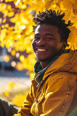 Young african american man with afro hairstyle in yellow jacket smiling in autumn park.の素材