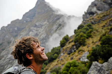 Hiker in Cordillera Blanca, Peru, South Americaの素材