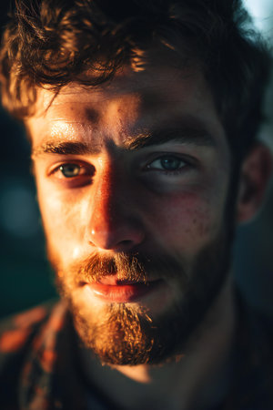 Portrait of a young man with a beard and mustache. Close-up.の素材