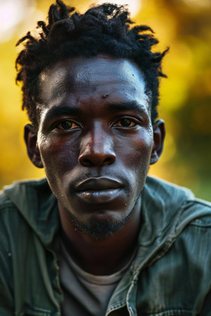 Portrait of a young African man with afro hairstyle in the park.の素材