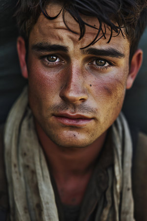 Portrait of a young man with dirty face and dirty face.の素材