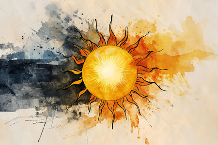 Sun and watercolor grunge background. Sun and watercolor background.の素材