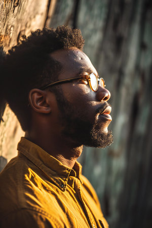 Portrait of a handsome young African man wearing sunglasses and a yellow shirt.の素材