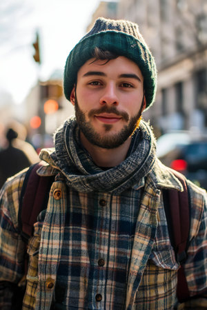 Handsome young man with beard wearing a hat and checkered shirt in an urban contextの素材