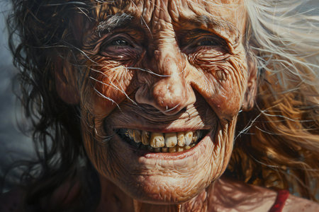 Portrait of an elderly woman with dirty face and long hair.の素材