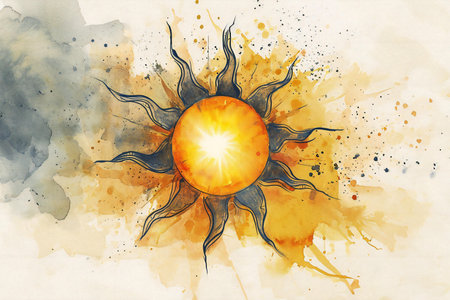 Sun and watercolor splash. Hand drawn watercolor illustration with sun.の素材