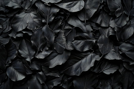 Black leaves background, top view, flat lay, copy space.の素材