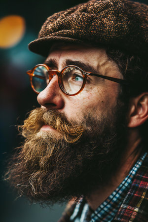 Portrait of bearded hipster with hat and eyeglasses.の素材
