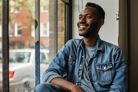 Portrait of a smiling african american man wearing denim jacket sitting in cafe and looking awayの素材