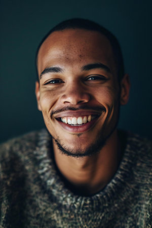 Portrait of young african american man smiling against dark backgroundの素材