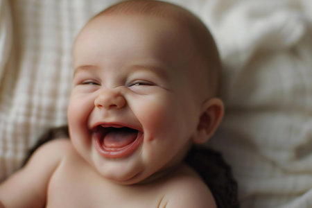 Portrait of a cute little baby lying on the bed and laughingの素材