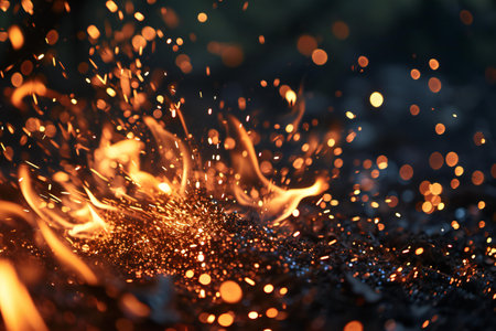 Flames of fire with sparks on a black background. Shallow depth of fieldの素材