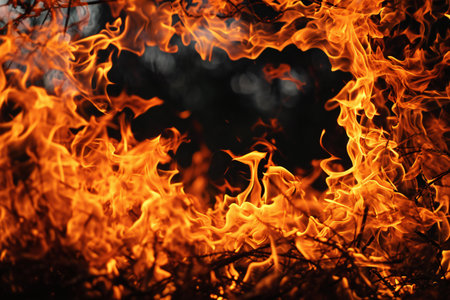 Fire flames on black background, closeup of fire flame texture.の素材