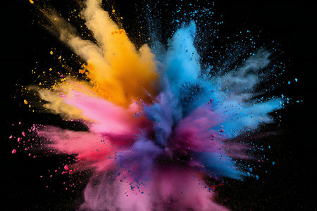 Explosion of colored powder, isolated on black background. Abstract colored backgroundの素材