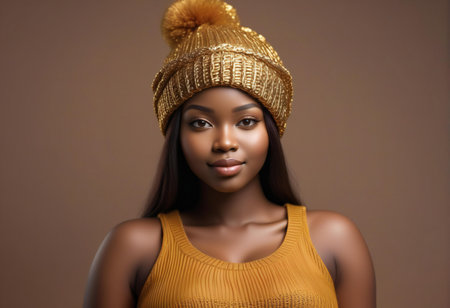 Beautiful african american woman in yellow knitted hat.の素材