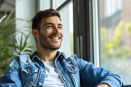 Portrait of a handsome young man sitting at the window and smilingの素材