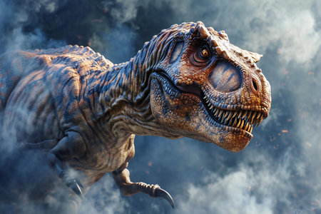 Dinosaur T-rex with smoke in the background.の素材