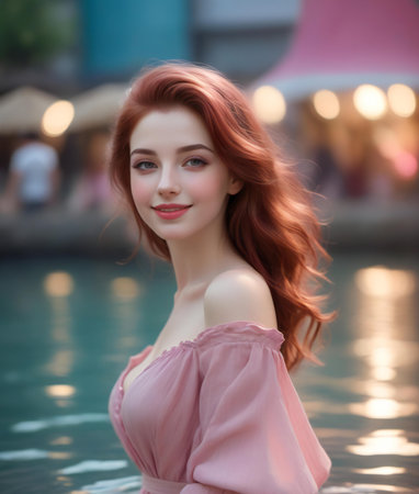Portrait of a beautiful girl with red hair in a pink dress.の素材