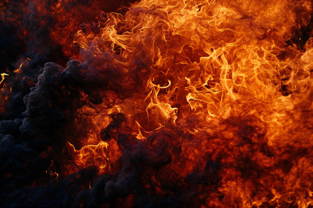 Fire flames on a black background. Texture of fire for design.の素材