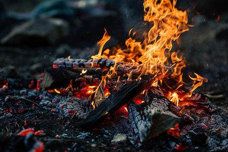 Burning firewood in a campfire close up. Camping conceptの素材