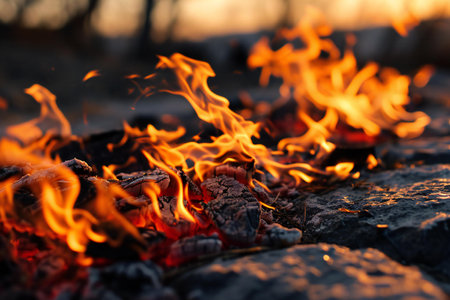 Flames of the fire in the forest at sunset, close-upの素材