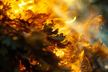 Flames of fire close-up on a background of blurred greeneryの素材