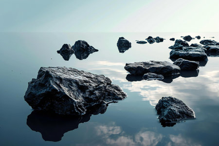 Rocks reflected in the calm water of a lake with reflection.の素材