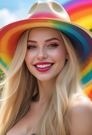 portrait of a beautiful girl with bright makeup and a wide-brimmed hatの素材