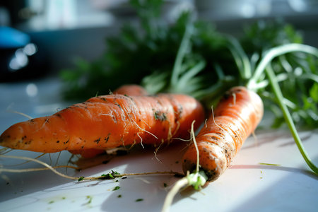 Fresh carrots with green leaves on white kitchen table. Healthy food concept.の素材